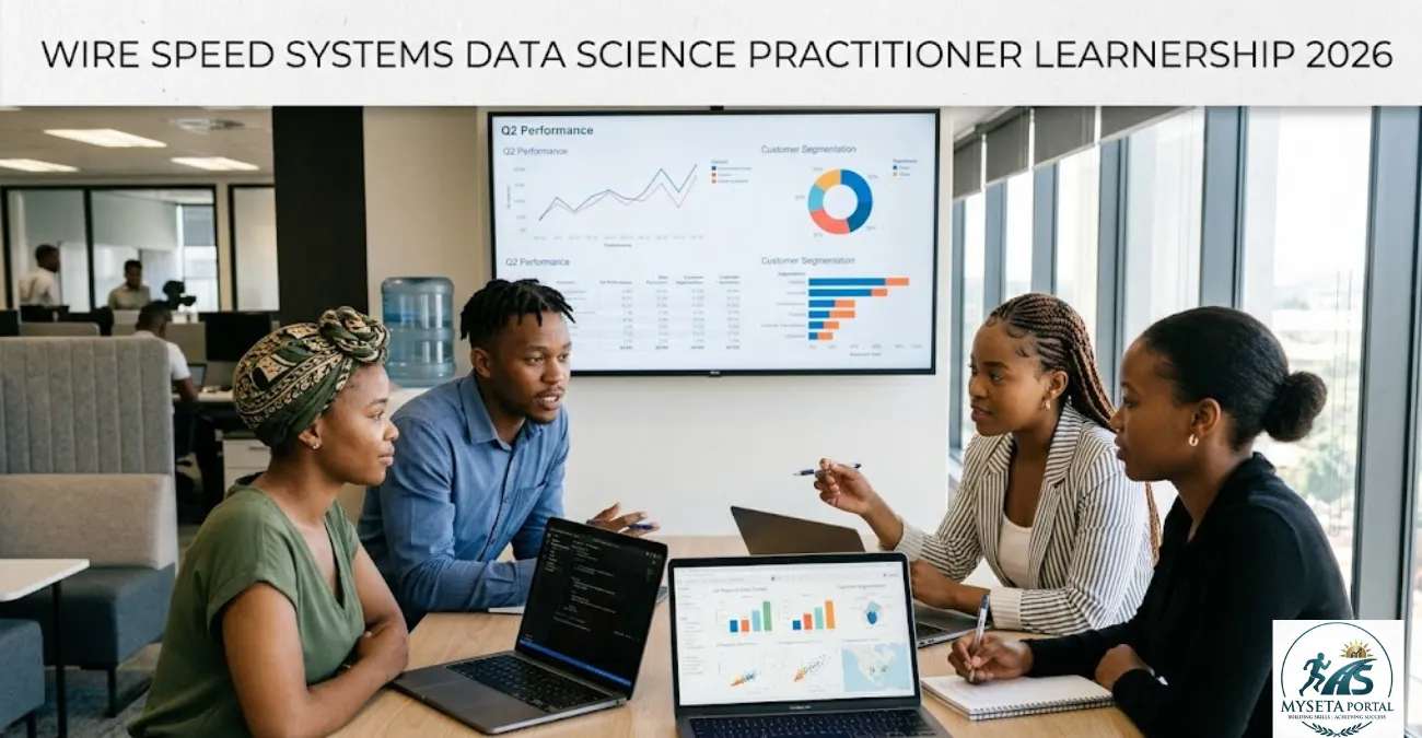 Young South African learners participating in a Data Science Practitioner Learnership at a modern technology workplace.